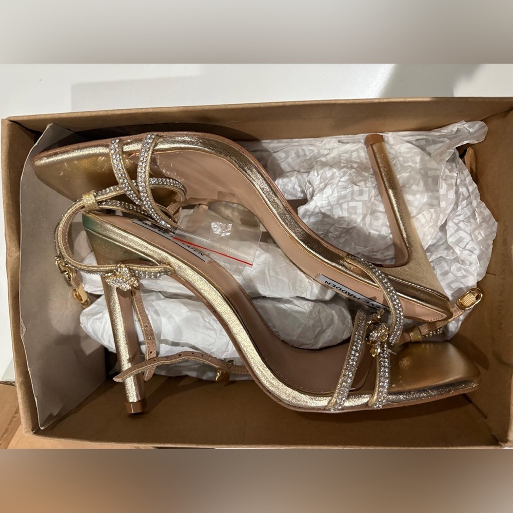 Steve Madden butterfly embellished Gold Rhinestone Ankle-buckle Heels